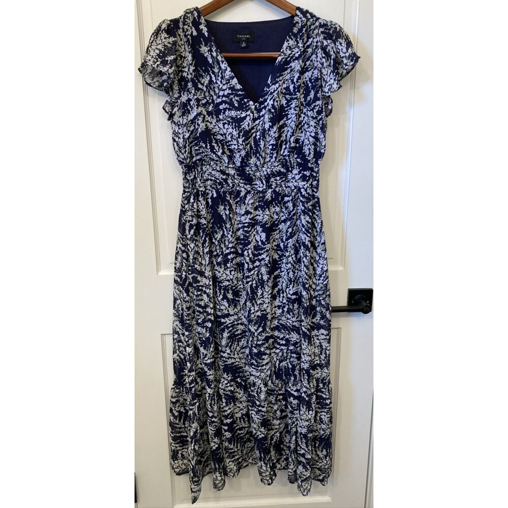 Tahari ASL Tiered Smocked Office Blue White Green Floral Lined Maxi Dress S Boho